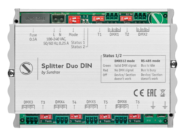 SUNDRAX Splitter Duo DIN 2 x DMX in, 4 x DMX out, AC