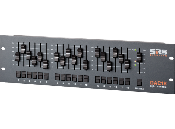 SRS DAC18-W Faderkontroller 18 kanaler 3 & 5-Pin DMX. Strømforsyning inkludert