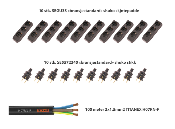 KAGU DIY Kabelpakke 10x10m, 3x1,5mm2. 100m Titanex kabel + plugger & kontakter