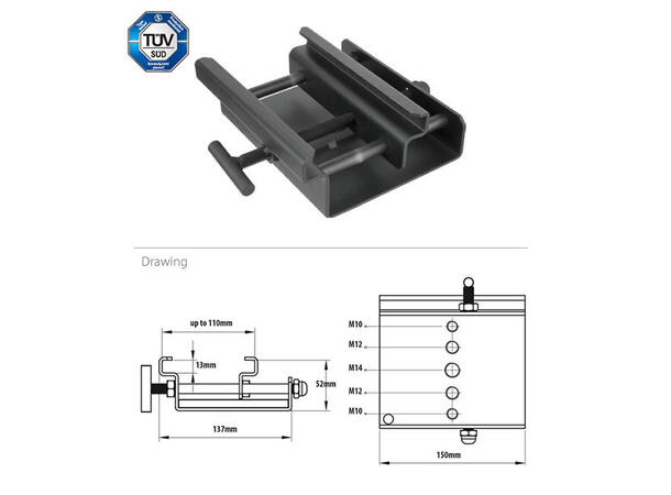 KUPO C-14BP Tent clamp WLL 150kg, opp til 110mm, Sort