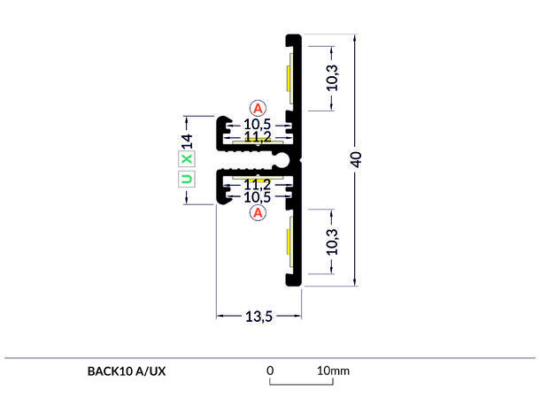 TOPMET Aluprofil BACK10_A 40x13,5mm 2m, Sort, Opal diffusor