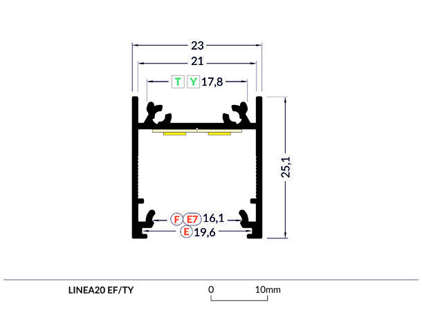 TOPMET Aluprofil LINEA20_E7 23x25,1mm 2m, Sort, Opal diffusor 