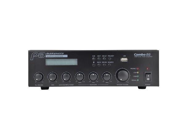 AUDIOPHONY Combo60 Mikseforsterker, 100V 60W@100V, 2 x line, 1 x mic, USB, Radio