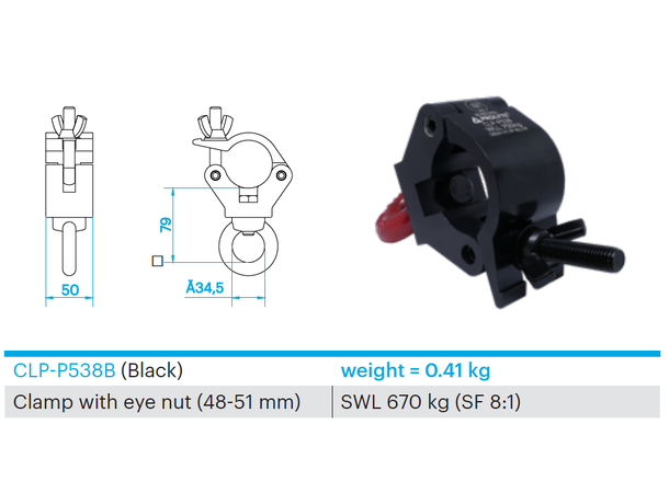 PROLYTE CLP-P538B Clamp m/øye Swl 750Kg (Sf8:1), Sort, Ø48-51mm Rør