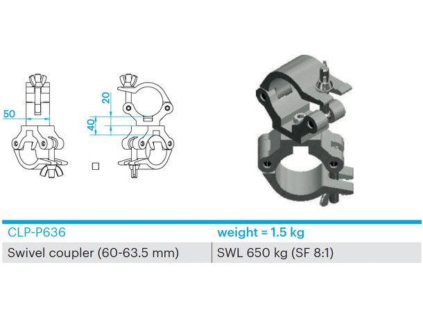 PROLYTE CLP-P636 Swivel clamp, slim Swl 650Kg (Sf8:1), Alu, Ø60-63,5mm Rør