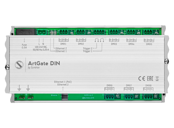 SUNDRAX ArtGate DIN Converter 8 x DMX I/O, 2 x Ethernet, 2 x Trigger