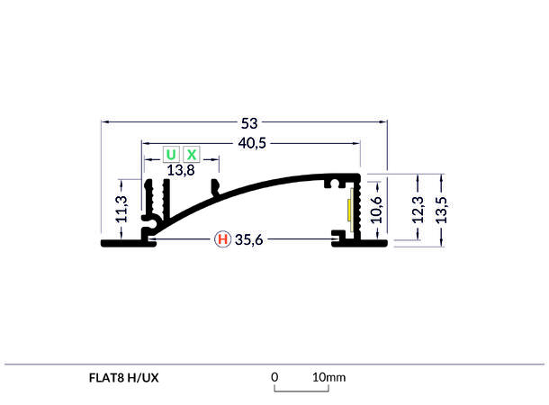 TOPMET Aluprofil FLAT8_H 53x13,5mm 2m, Sort, Opal diffusor