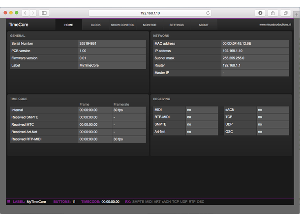 VISUAL PRODUCTIONS TimeCore Tidskodemodul. Ethernet, Web-Interface