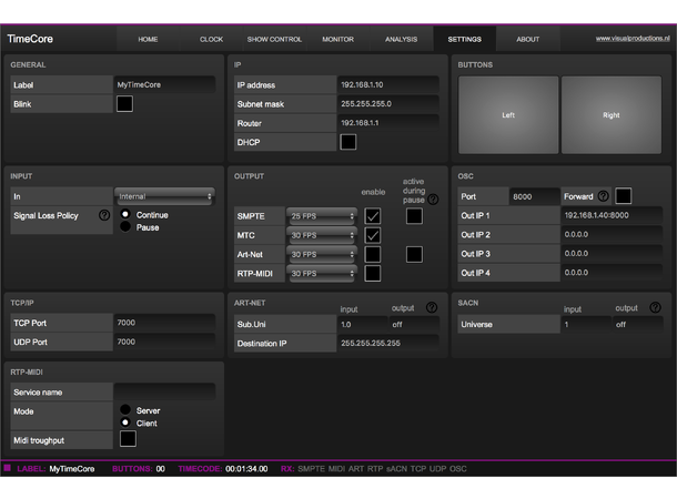 VISUAL PRODUCTIONS TimeCore Tidskodemodul. Ethernet, Web-Interface