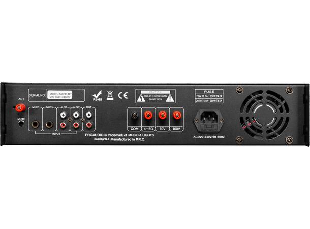 PROAUDIO MPC1130T Mkserforsterker 130W Lavohmig eller 70/100V. 19"/2U