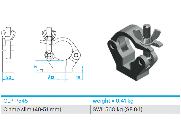 PROLYTE CLP-P545 Clamp slim Swl 560Kg (Sf8:1), Alu, For Ø48-51mm Rør