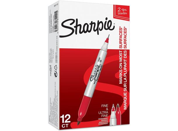 SHARPIE N2109 Merkepenn, Twin-tip Fine / Ultrafine, Rød, 12 stk