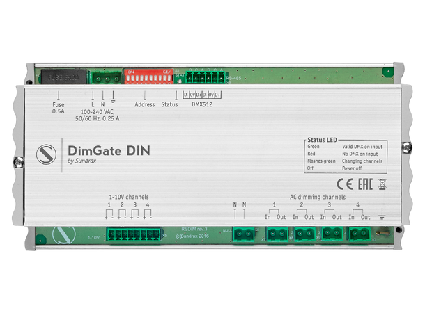 SUNDRAX DimGate DIN 1 x DMX in, 4 x AC, 4 x 1-10V out