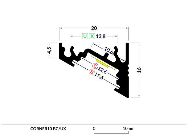 TOPMET Aluprofil CORNER10_C 20x16mm 2m, Sort, Opal diffusor