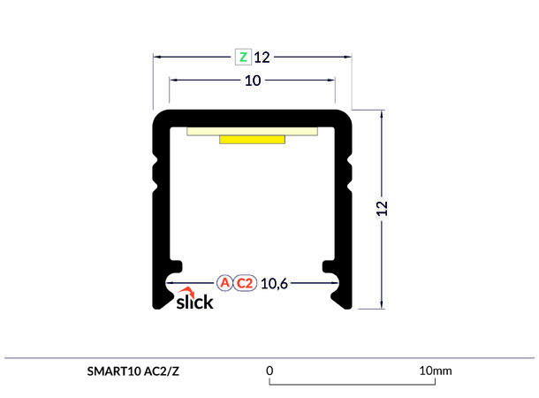 TOPMET Aluprofil SMART10_A 12x12mm 2m, Sort, Opal diffusor