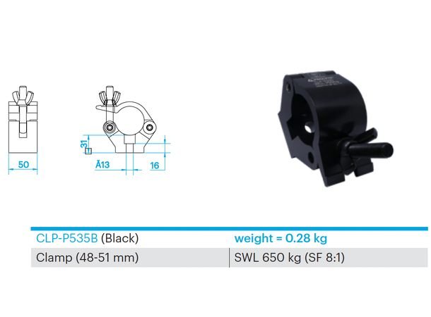 PROLYTE CLP-P535B Clamp Swl 750Kg (Sf8:1), Sort, Ø48-51mm Rør