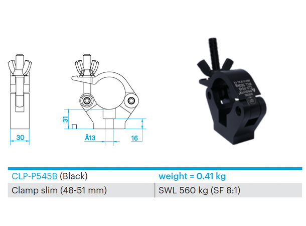 PROLYTE CLP-P545B Clamp slim Swl 560Kg (Sf8:1), Sort, Ø48-51mm Rør