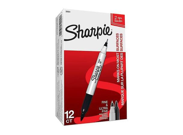 SHARPIE N2109 Merkepenn, Twin-tip Fine / Ultrafine, Sort, 12 stk