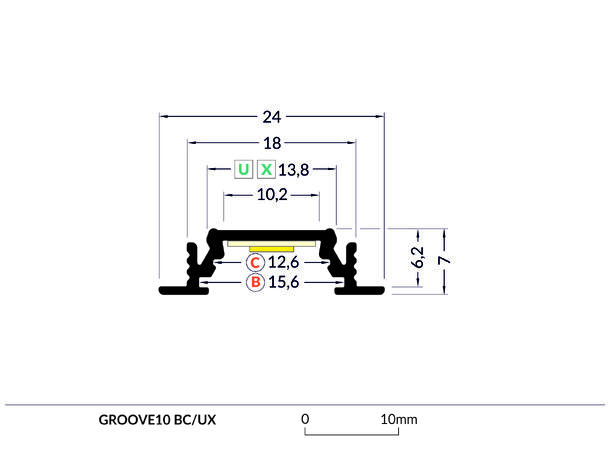 TOPMET Aluprofil GROOVE10_C 24x7mm 2m, Sort, Opal diffusor