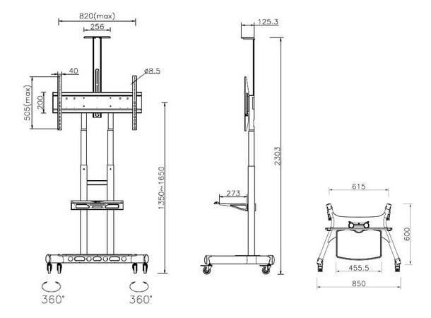 MULTIBRACKETS Gulvtralle basic, VESA 90kg, 800 x 500m, 42 - 50", hylle, Sort