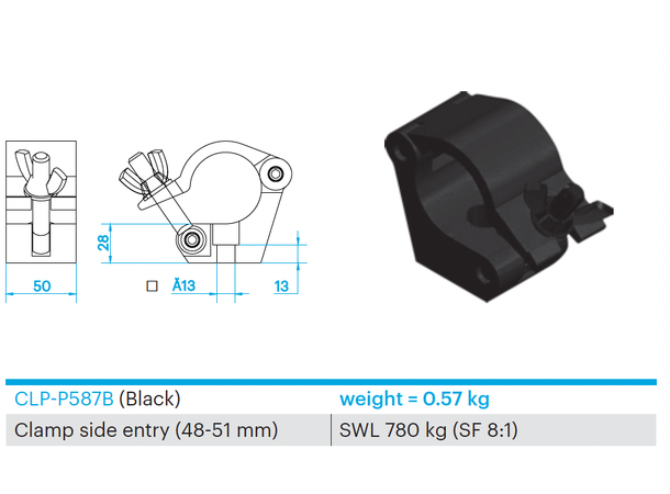 PROLYTE CLP-P587B Clamp, side-entry Swl 780Kg (Sf8:1), Sort, Ø48-51mm Rør