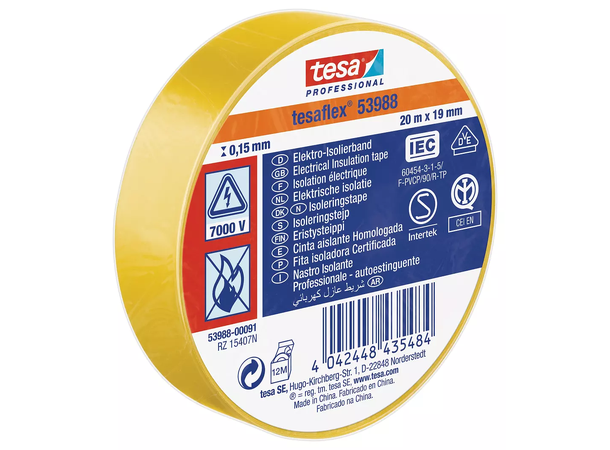 TESA 53988 Isolasjonstape PVC, Gul 19mm x 20m