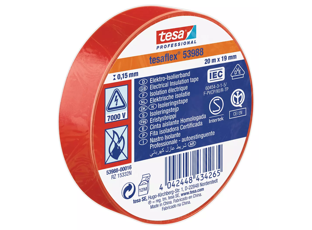 TESA 53988 Isolasjonstape PVC, rød 19mm x 20m