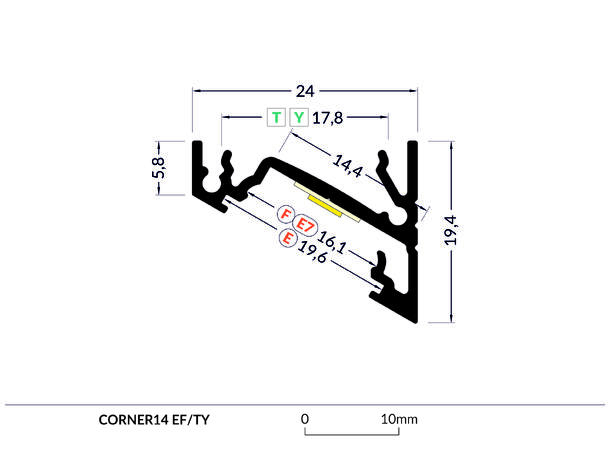 TOPMET Aluprofil CORNER14_F 24x19,4mm 2m, Sort, Opal diffusor