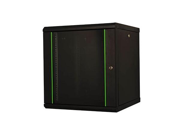 Veggskap 12U Svart B600xD600xH640 Låsbar glassdør og sideplater