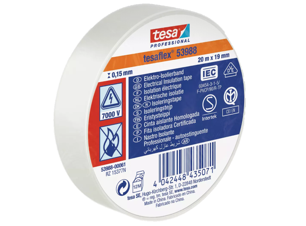 TESA 53988 Isolasjonstape PVC, Hvit 19mm x 20m