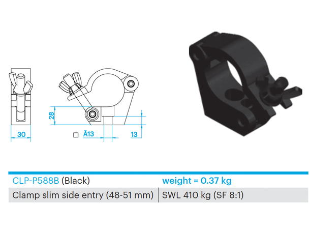 PROLYTE CLP-P588B Clamp slim, side-entry Swl 410Kg (Sf8:1), Sort, Ø48-51mm Rør