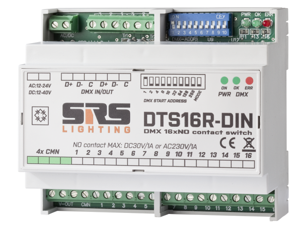 SRS DTS16R-DIN Switch 16 x 3A. DIN Mont. 16 x NO (Normally open). DMX Unn/Ut