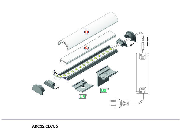 TOPMET Aluprofil ARC12_D 20x3,3mm 2m, Sort, Opal diffusor