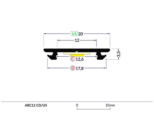 TOPMET Aluprofil ARC12_D 20x3,3mm 2m, Sort, Opal diffusor