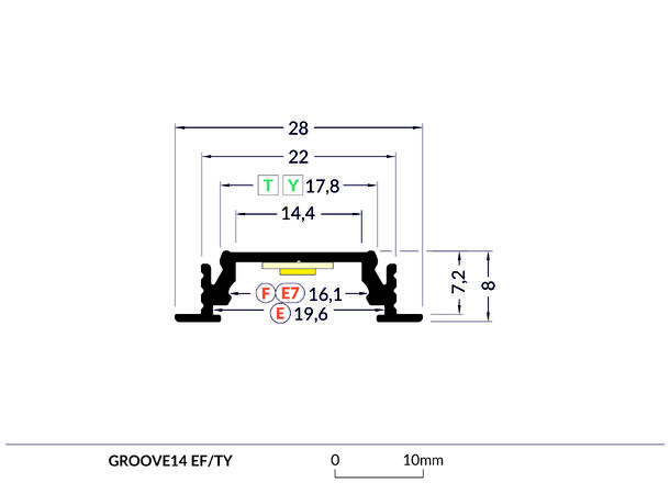 TOPMET Aluprofil GROOVE14_F 28x8mm 2m, Sort, Opal diffusor