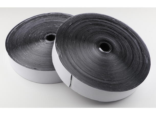KAGU Borrelås m/tape 50mm x 25m, Sort Hook & Loop, begge med dobbelsidig tape