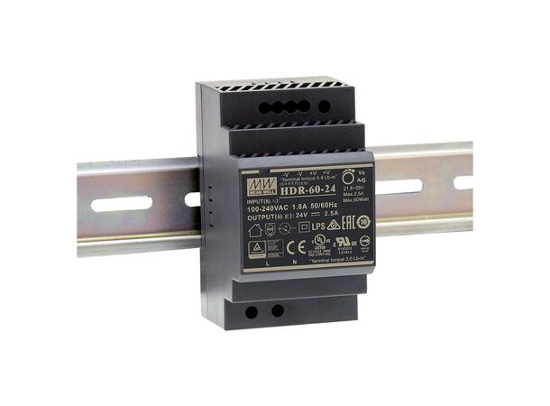 MEANWELL Strømforsyning 24VDC, 60W DIN rail. Lav type