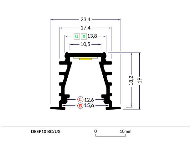 TOPMET Aluprofil DEEP10_C 23,4x19mm 2m, Sort, Opal diffusor