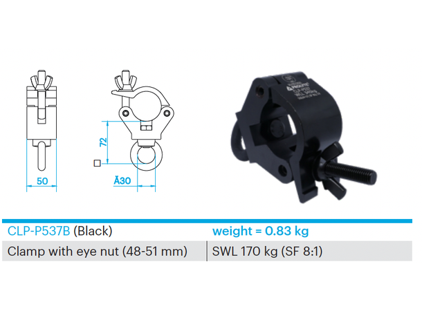 PROLYTE CLP-P537B Clamp m/øye Swl 170Kg (Sf8:1), Sort, Ø48-51mm Rør