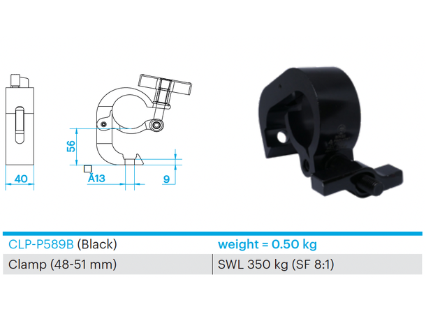 PROLYTE CLP-P589B Clamp Swl 350Kg (Sf8:1), Alu, For Ø48-51mm Rør