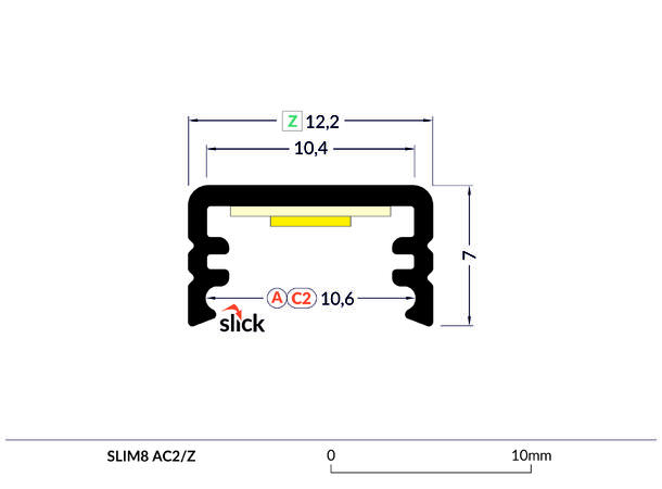 TOPMET Aluprofil SLIM8_A 12,2x7mm 2m, Sort, Opal diffusor
