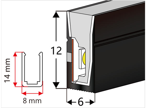 SBL Silikonprofil kit 6 x 12mm 5m, Komplett kit, Uten LED Strip, Sort
