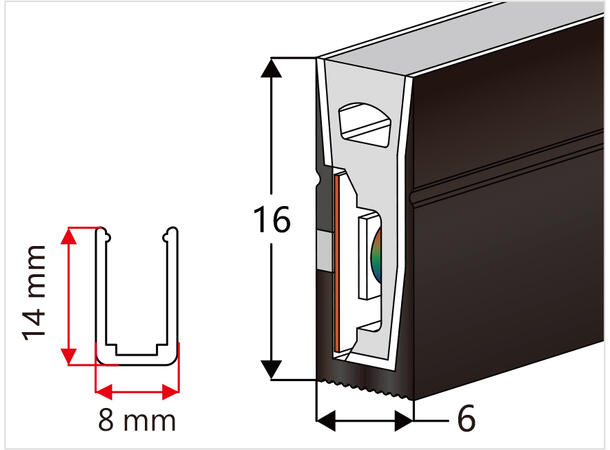 SBL Silikonprofil kit 6 x 16mm 5m, Komplett kit, Uten LED Strip, Sort