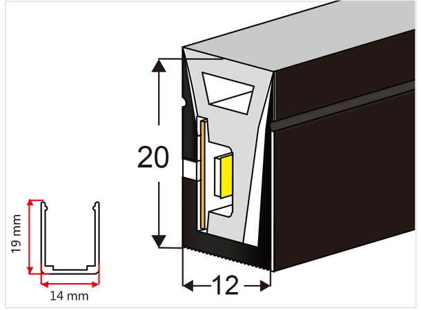 SBL Silikonprofil kit 12 x 20mm 5m, Komplett kit, Uten LED Strip, Sort