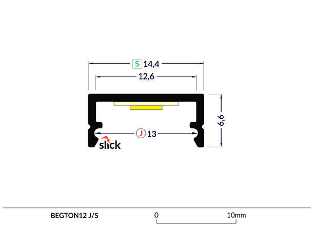 TOPMET Aluprofil BEGTON12_C 14,4x6,6mm 2m, Sort, Opal click diffusor