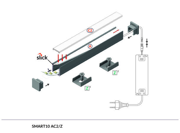 TOPMET Aluprofil SMART10-C2 12x12mm 2m, Sort, Opal & Sort diffusor