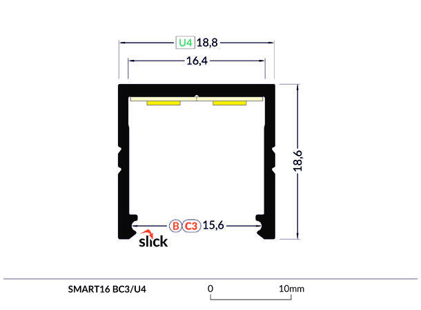 TOPMET Aluprofil SMART16_C3 18,8x18,6mm 2m, Sort, Opal click diffusor