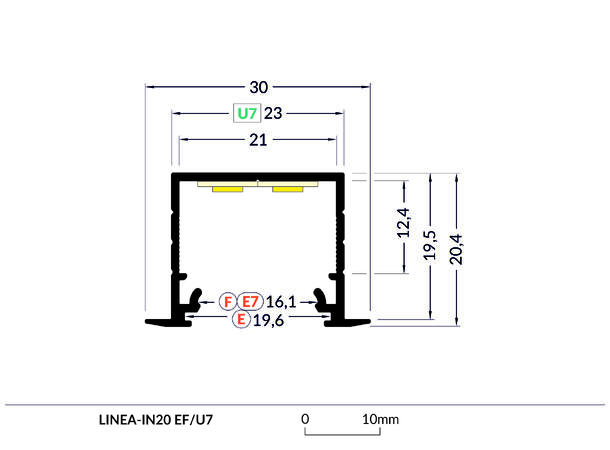 TOPMET Aluprofil LINEA20_F, 30x20,4mm 2m, Sort, Opal click diffusor
