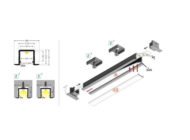 TOPMET Aluprofil SMART-IN10_C2 18,8x12mm 2m, Sort, Opal click diffusor
