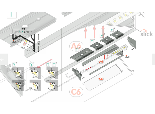 TOPMET Aluprofil Corner16 24x19.5mm Sort 2m, C6 Opal diffusor